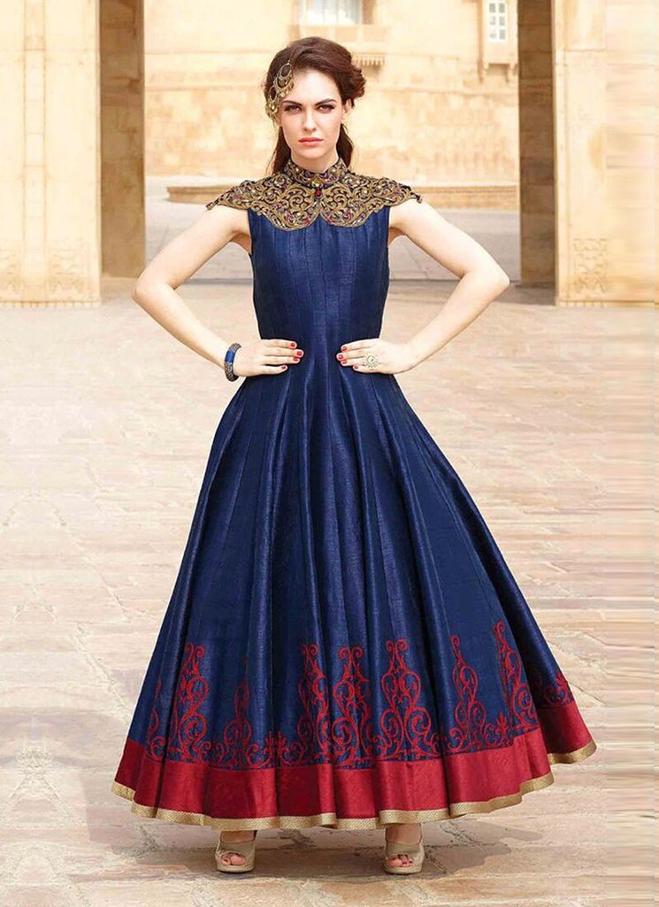 Adorable Designer Wear Blue Satin Silk Anarkali Gown With Silk Chander –  FunkyTradition